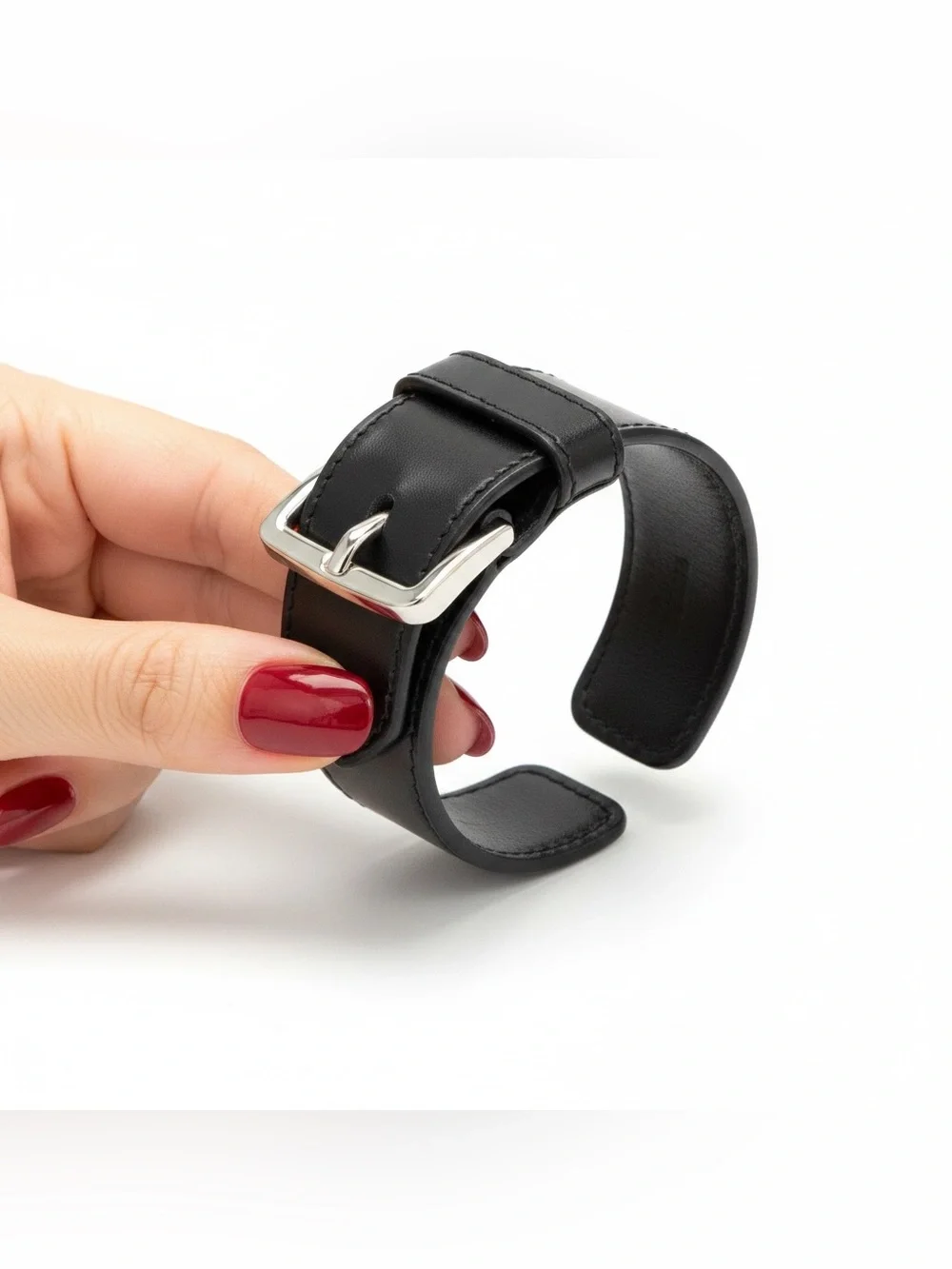 Prada Black Leather Bracelet with Silver-Tone Buckle